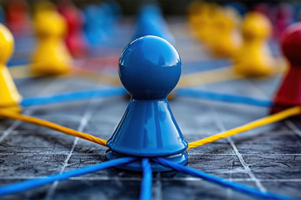 Blue game piece with strings to blurred game pieces