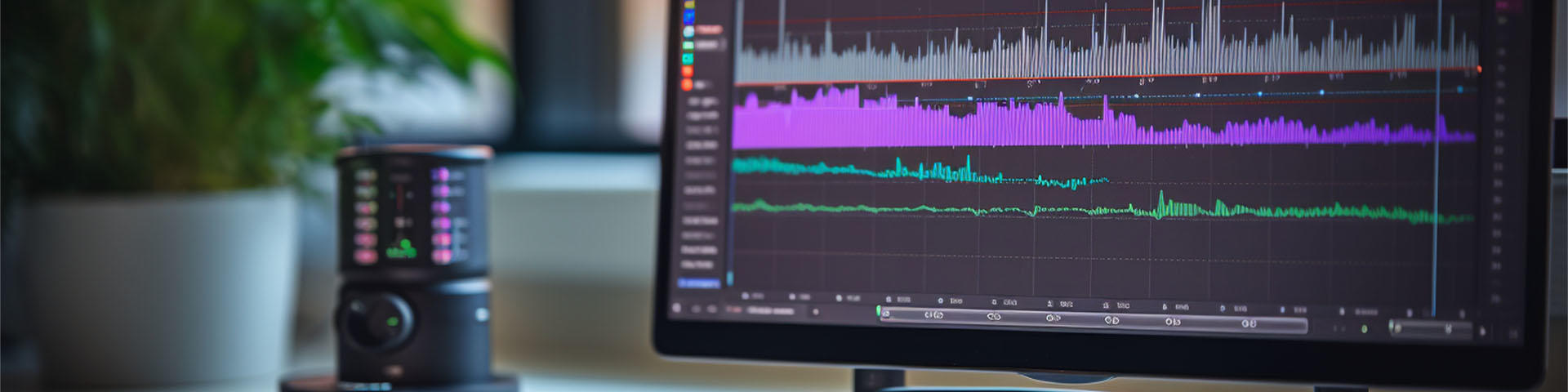 A podcast recording software interface with waveforms on a computer screen, podcast recording, blurred background, with copy space