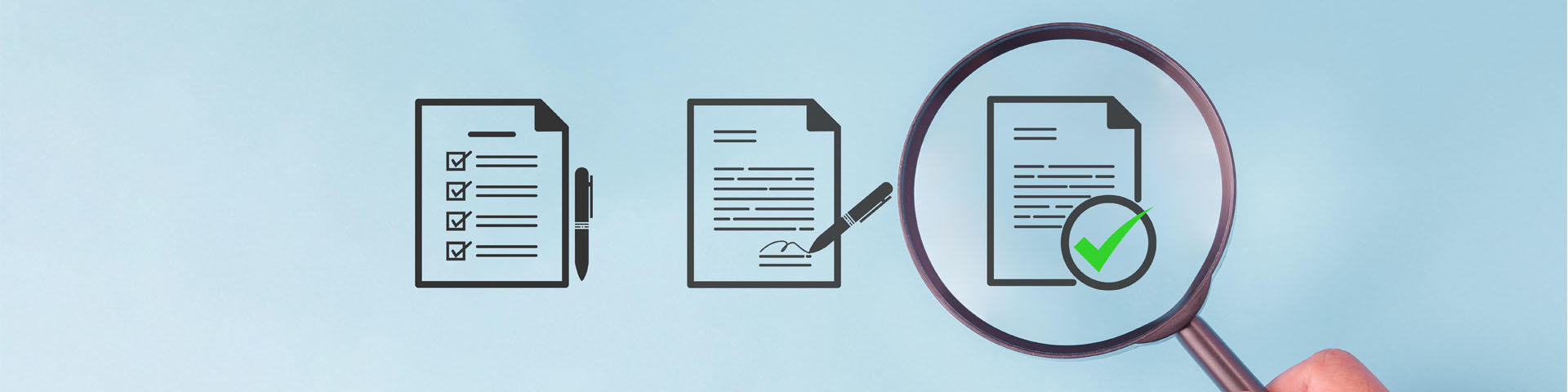 Magnifying glass focus to Approve document icon on pastel blue background for business process workflow illustrating management approval and and project approve concept.