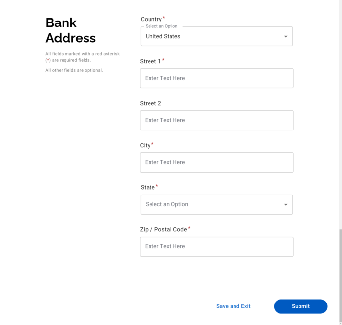 Screenshot of bank address in PaymentWorks application.
