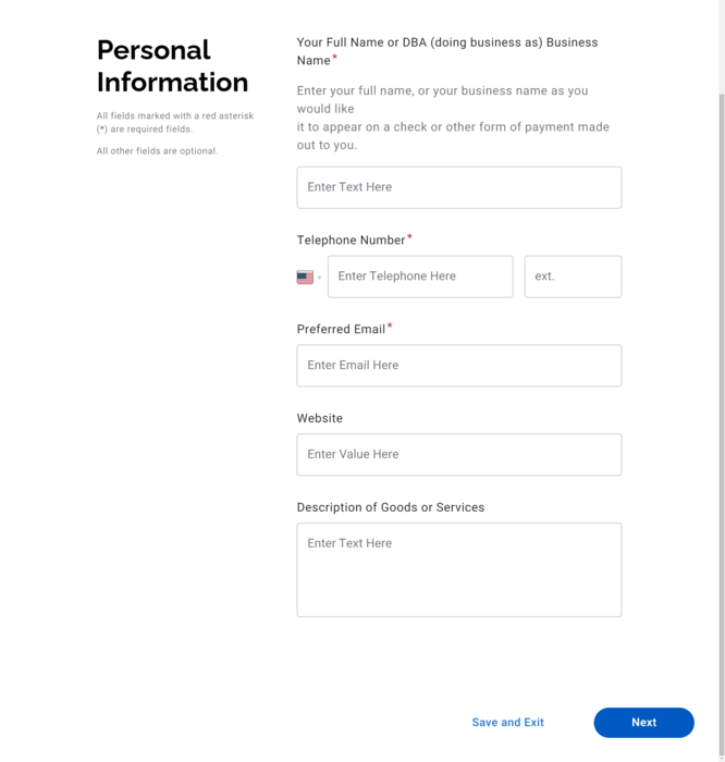 Screenshot of personal information in PaymentWorks application.