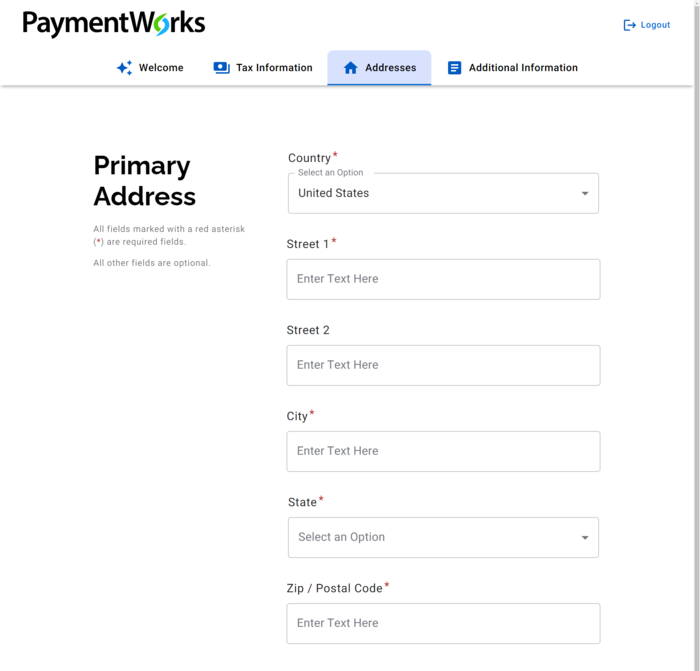 Screenshot of primary address in PaymentWorks application.