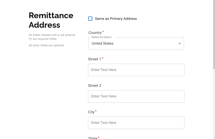Screenshot of remittance address in PaymentWorks application.