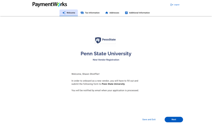 Screenshot of welcome in PaymentWorks application. 