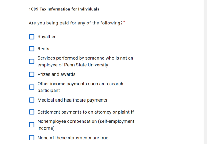 Screenshot of 1099 Tax Information for Indiviuals in PaymentWorks application