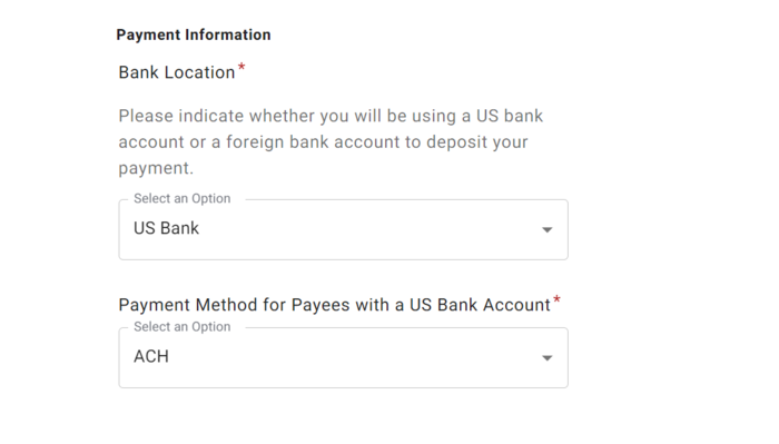 Screenshot of bank location fields in PaymentWorks application.