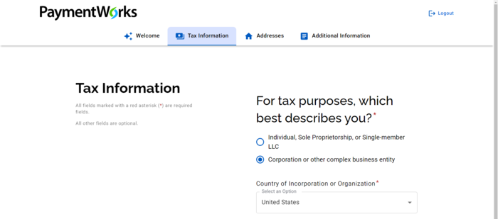 Screenshot of corporation tax information in PaymentWorks application