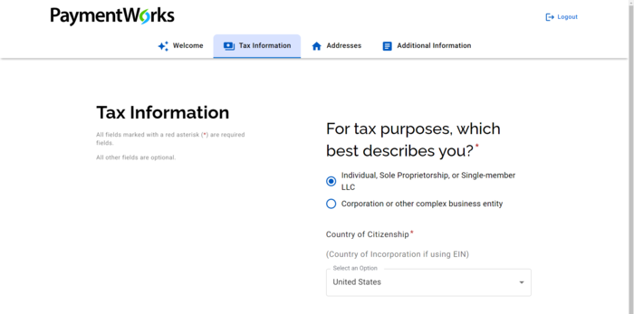 Screenshot of US individual tax information in PaymentWorks application