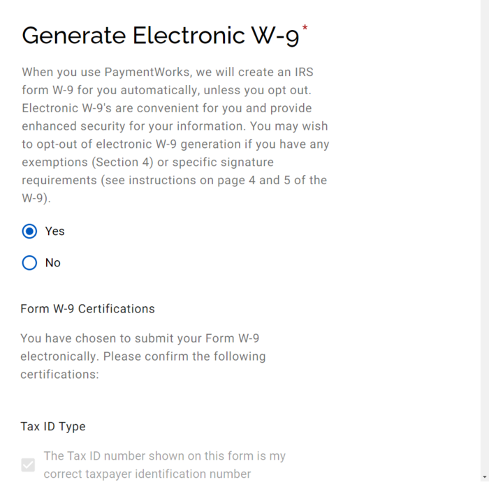 Screenshot of W9 tax information in PaymentWorks application